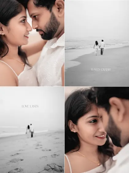 A collage of moments from a Honnavara pre-wedding shoot, presented in classic black and white. It showcases the intimate close-ups, the walks along the shore, and the lasting footprints you leave together.