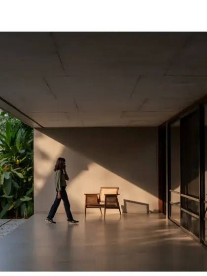 The winter sun casts a sharp shadow across a verandah in Alibaug. These transitional spaces are essential in our tropical architecture, providing shade and a place to pause between inside and out.