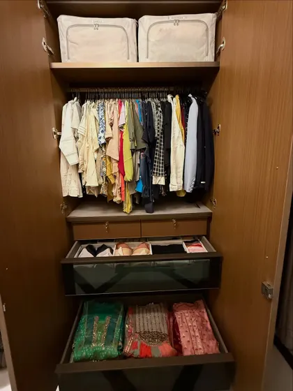 Drawers with glass fronts offer a peek at the organized contents within, like these neatly stored traditional Indian outfits. This combines the tidiness of closed storage with the visibility of open shelves.