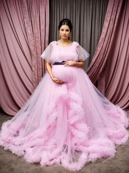 This beautiful pink ruffle gown is also available for maternity shoots. The empire waist and flowing skirt are perfect for accommodating a baby bump in style.