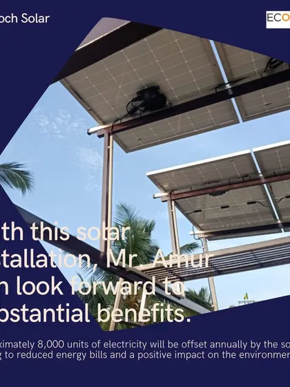 The elevated solar installation for Mr. Amur, designed to offset approximately 8,000 units of electricity annually. This leads to substantial savings on energy bills and a positive environmental impact for the homeowner.