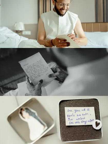 It's all in the details. A handwritten note from the bride, a thoughtful gift, and the groom's reaction. We capture these small, personal touches that make your wedding story unique.
