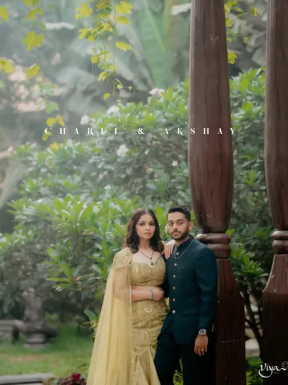 A portrait of the couple, Charul and Akshay, looking picture-perfect for their engagement.