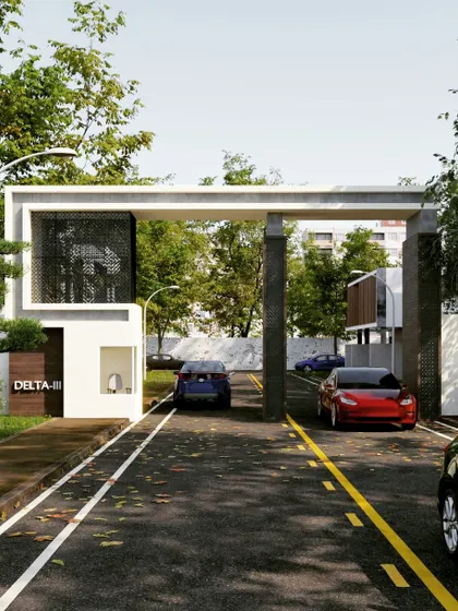 A daytime render of the entrance gate concept. This view shows how the structure interacts with natural light and its surrounding environment, an important consideration in climate-responsive architecture.