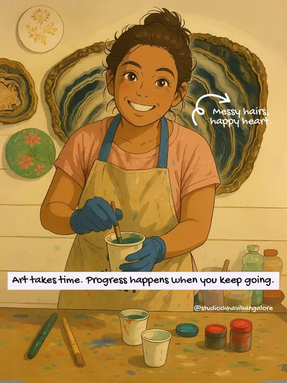 "Messy hair, happy heart." This illustration captures the joy of the creative process, reminding us that art takes time.