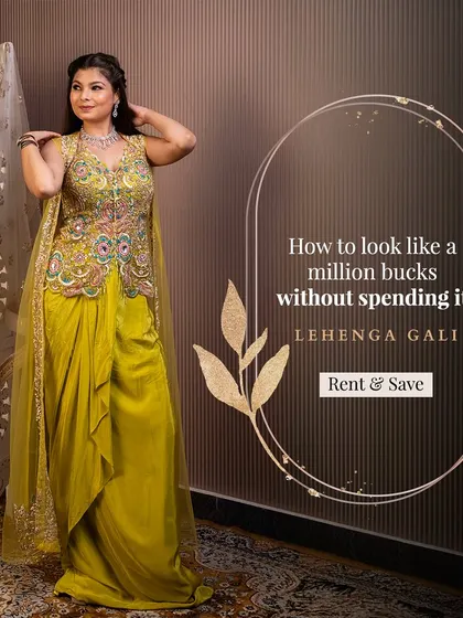 Look like a million bucks without spending it. This lime green dhoti-saree is a fresh and modern rental for a summer wedding.