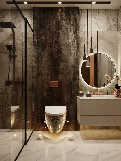 We used a rustic, corten steel-effect feature wall in this modern toilet to add texture and an industrial edge. This is contrasted with a sleek, floating vanity and a round backlit mirror, showcasing our ability to blend different styles.