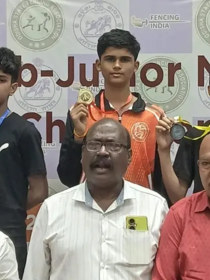 Our sub-junior national medalists, led by double gold winner Arjun Sonavane, posing with officials. These victories highlight our dominance in the sub-junior fencing category.