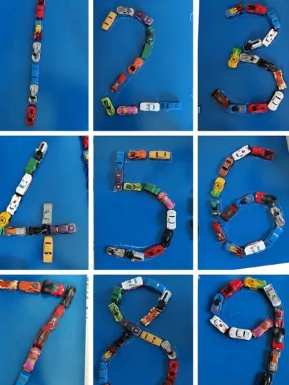 Numbers from 1 to 9 formed with colorful toy cars. This is a fantastic sensory activity for early learners to develop number recognition and one-to-one correspondence.