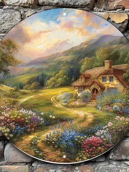 Our collection of circular landscape paintings offers a unique perspective on nature. These pieces, depicting everything from serene meadows and tranquil lakes to rustic farmhouses, are perfect for creating a charming focal point on any wall.