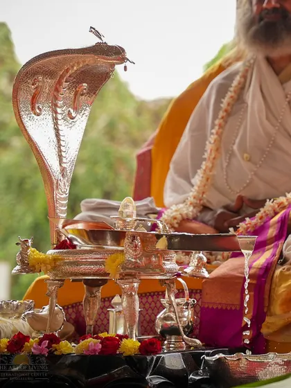 A close up of the silver Shiva Lingam and Nandi during the Rudra Puja. Every element of the ritual is rich with symbolism and designed to elevate one's consciousness.