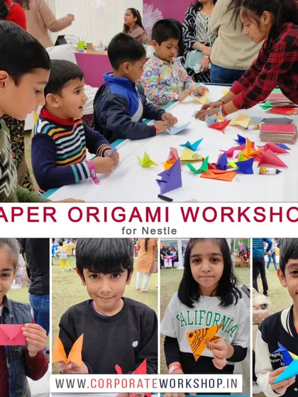 A group of children learning the art of paper folding from our instructor. We ensure a supportive and guided environment, even in large group settings.
