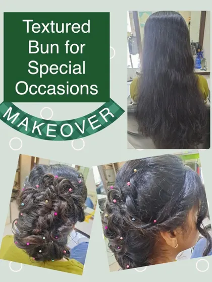 A textured bun created for a special occasion. This intricate updo uses twists and loops to create a complex, beautiful design, finished with colorful pins.