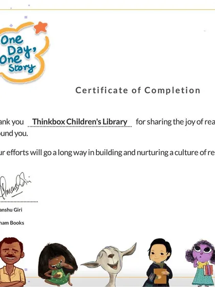Our Certificate of Completion from Pratham Books for participating in their "One Day, One Story" initiative to promote reading.