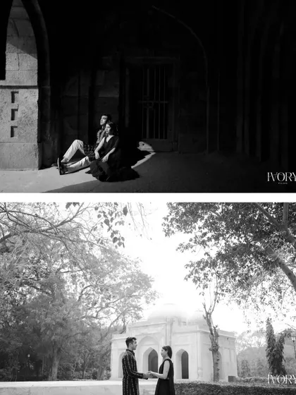 A set of two dramatic black and white portraits taken at a historic Delhi site. The high contrast between light and shadow creates a powerful, artistic mood, highlighting the couple against the ancient architecture.
