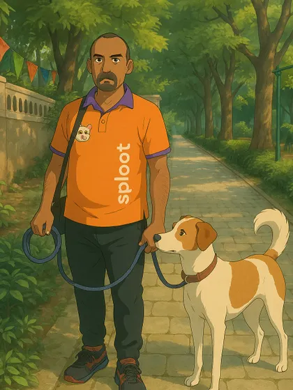 An Indie dog and his walker, brought to life in a classic animated style, representing the everyday heroes of our community.