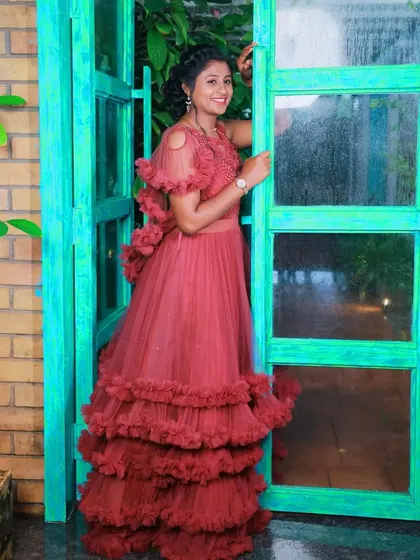 A complete look from my studio, this client is wearing one of my rental gowns and has had her hair and makeup done by my professional team.