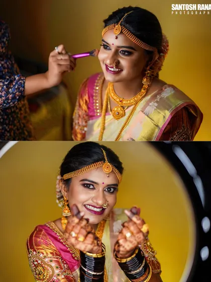 A collage of a happy bride during her makeup session and showing off her henna with a heart sign.