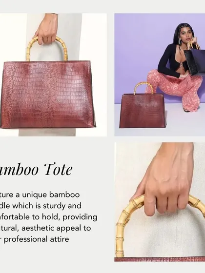 Our Bamboo Tote, featuring a unique and sturdy bamboo handle that is comfortable to hold and adds a natural appeal to your professional look.