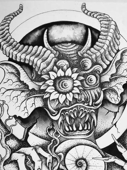 A close-up of the 'short-lived romance' piece, showing the detail in the horns and the sunflower eye.