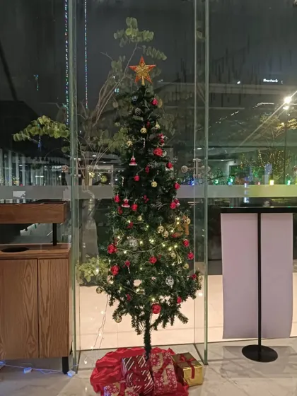 A classic Christmas tree setup for an office corner. We decorated this tree with red and gold ornaments, fairy lights, and a star on top, bringing that cozy holiday feeling to the workplace.