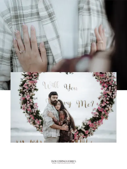 A collage showing the details of a beach proposal, from the "Will You Marry Me?" sign to the intimate hug that follows. These shots preserve the memory of this special milestone.