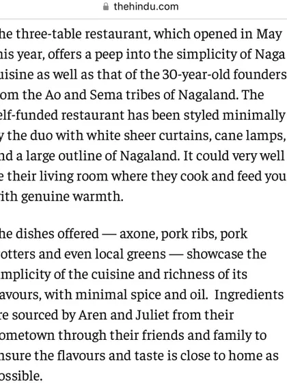An excerpt from our feature in The Hindu, which talks about our simple decor and how we source ingredients from our hometown to ensure the flavors are as close to home as possible.