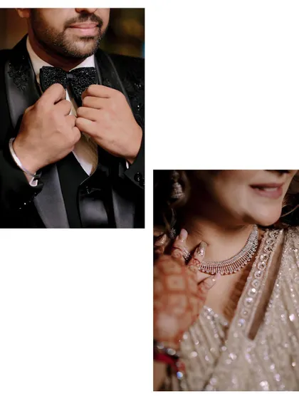 Detail shots from the engagement day, focusing on the groom's bow tie and the bride's elegant necklace.