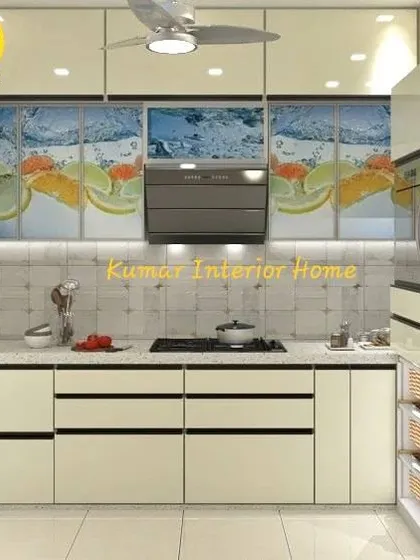 This kitchen features a cheerful custom backsplash with a citrus theme. We can incorporate personalized digital prints into our modular kitchen designs to make your space truly unique.