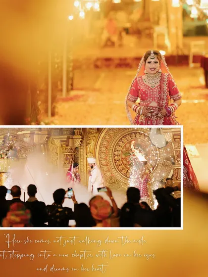 A collage showing the bride's entrance, with a focus on her walking towards the grand mandap.