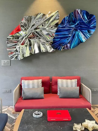 This shows how a large-scale Meteor installation can transform a living space. The bold combination of electric blue, reflective silver, and a touch of red creates a powerful focal point, demonstrating how my art integrates with interior design.