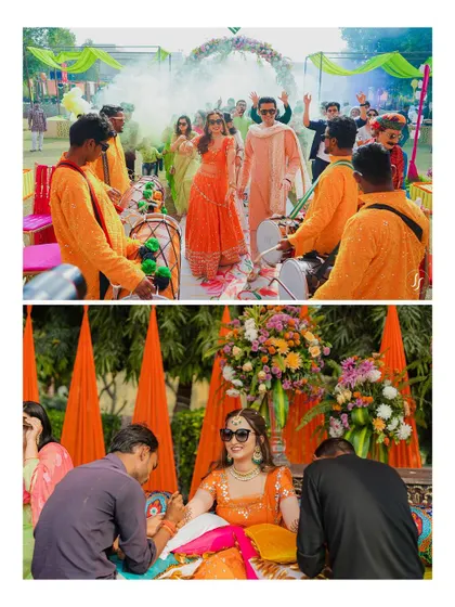 A collage showing the key moments of a Mehendi ceremony, from the couple's grand entrance with dhol players to the bride getting her henna applied.