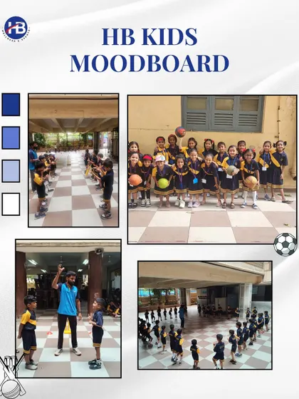 An HB Kids moodboard showcasing the energy and teamwork of our school programs. These images capture students in uniform participating in various sports activities.