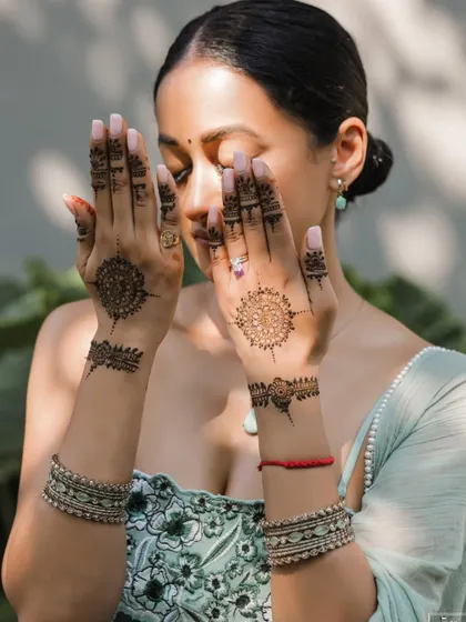 A close-up of the bride's intricate mehndi design in Thailand.