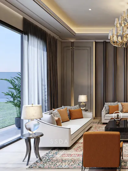 The formal living room in this upcoming residence pairs modern luxury with timeless charm. Large glass doors open directly to the lawn, ensuring that even this formal space feels connected to the garden and filled with natural light.