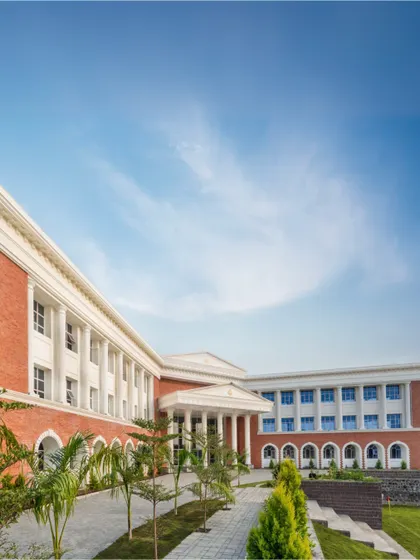 The completed first phase of Riverton Valley School in Bhopal. The neo-classical architectural style, combined with expansive green lawns, creates a grand yet welcoming environment for students to learn and grow.