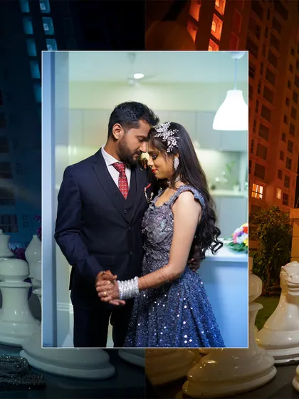 A creative collage blending an intimate couple portrait with the dramatic backdrop of the giant chessboard, creating a visually interesting and modern wedding photo.