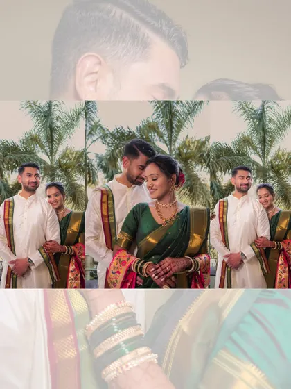 An artistic collage of the couple's portraits, blending romantic embraces with close-up details of the bride's traditional green bangles.