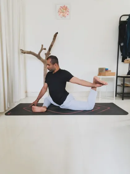 This series breaks down Eka Pada Raja Kapotasana, starting from a gentle forward fold, moving to an upright position with a gentle twist, and finally the full expression. Each step is a practice in itself.