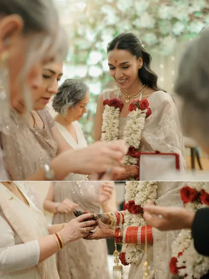 A collage showing the beautiful traditions of a ring ceremony, where family comes together to bless the couple. It’s these moments of connection that I love to capture.