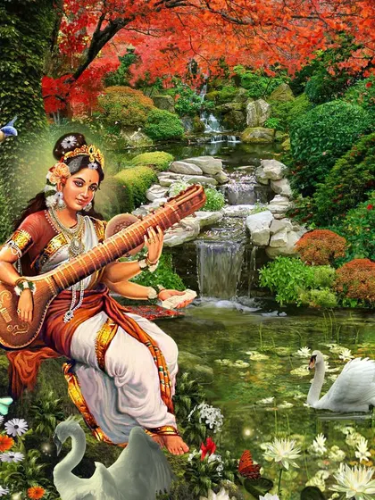 Goddess Saraswati Devi is the source of all knowledge, wisdom, and creativity. We pray to her for blessings in education, art, and music.