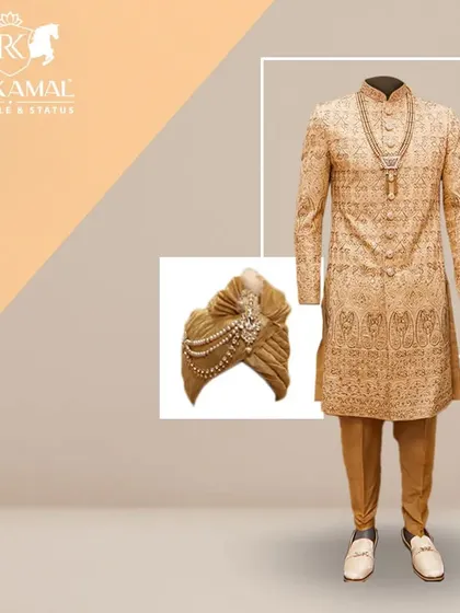 A complete groom's look featuring a golden sherwani and a matching ornate turban. This is a timeless combination that speaks of luxury and tradition.