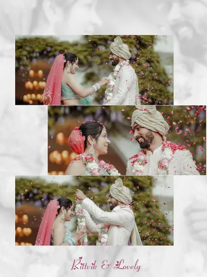 A collage of the Varmala ceremony, capturing the couple's expressions as they exchange garlands under a shower of petals. It's a sequence filled with joy and love.
