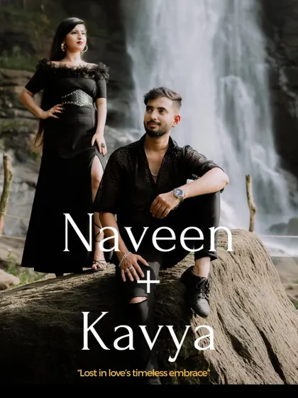 A stylized portrait of the couple by a waterfall with their names, perfect for an album cover.
