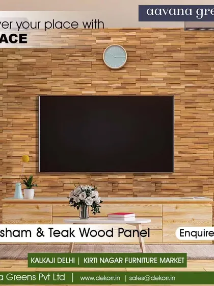 This TV accent wall is made from my Sheesham and Teak wood panels, which lend a natural, rustic elegance to the living room. The varied tones and textures of the wood create a warm and inviting focal point.