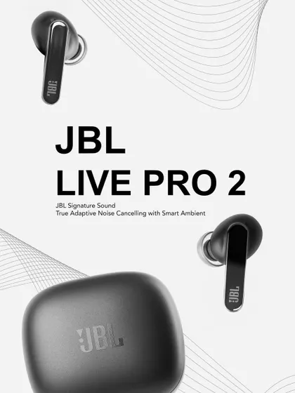 A graphic-style concept shoot for JBL Live Pro 2 earbuds. Combining product photos with design elements creates a polished ad-ready image for websites and digital marketing.
