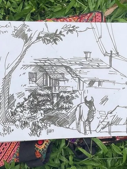 A beautiful pen sketch of a rustic scene, created during one of our outdoor sessions.