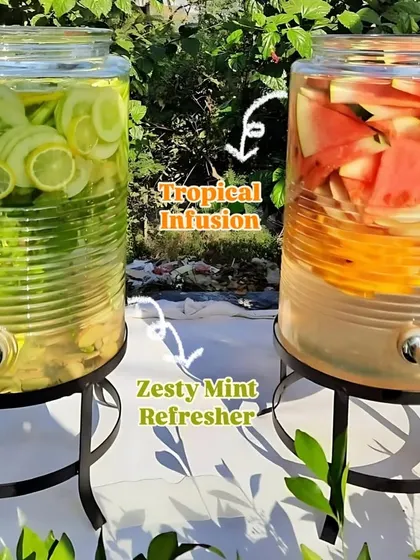 For a healthy and beautiful hydration option, I offer infused water stations. This image shows two varieties: a zesty mint refresher with cucumber and lime, and a tropical infusion with watermelon and orange.