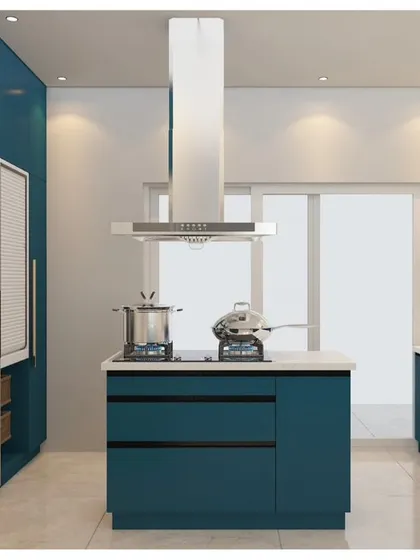 A render of a parallel kitchen layout in the same striking teal and white. This design features an island hob with a modern chimney, perfect for interactive cooking.