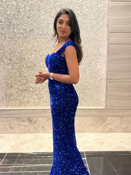 A full-length shot of my sequined blue gown for the Harman Global Leadership Townhall, which had a celebratory gala feel.
